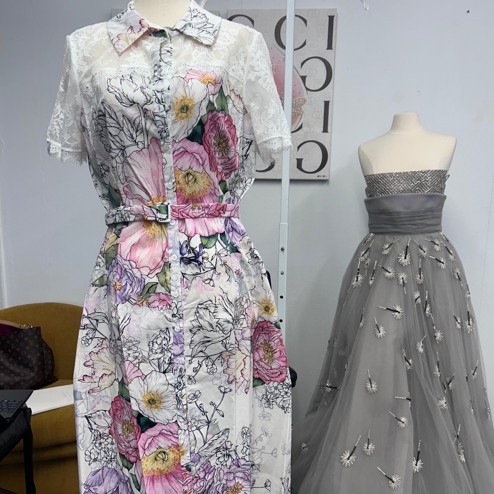 Marchesa floral lace belted dress NWT